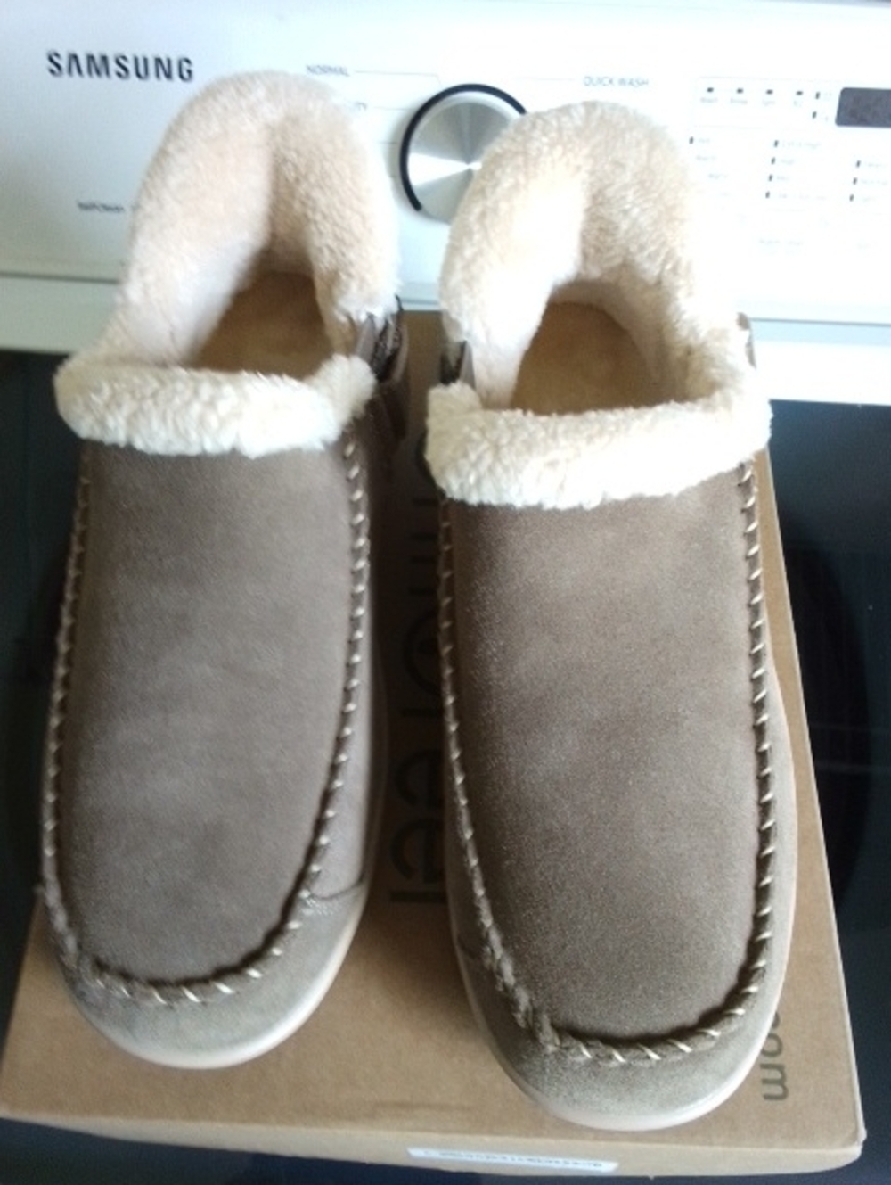Ortho Feet Lorin Taupe Men's Brown Suede Slippers W/ Cream Sherpa Lining